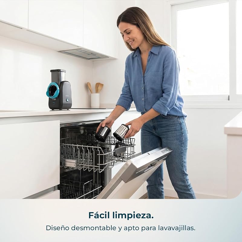 Cortador de Legumes Elétrico - Máquina de Saladas - Total Blade totalmente preto. Processador de alimentos, 4 cilindros intercambiáveis, cortes, grelhas e folhas, destacáveis, compactos, saladas em segundos