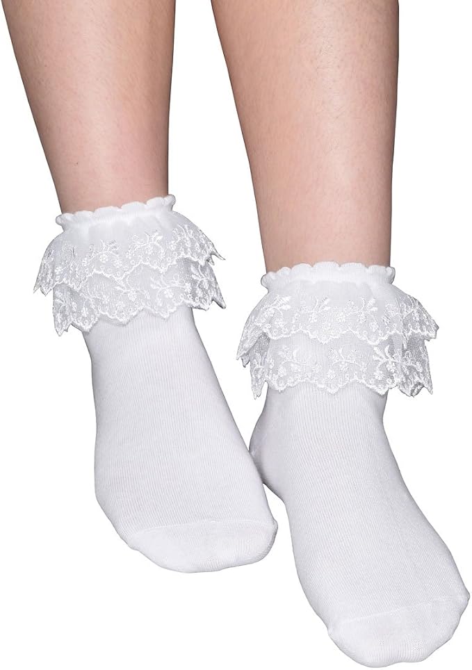 Women's Retro White Lace Frilly Ankle Socks - Low Cut Ruffle Pearl Cotton Blend, Size 4-7