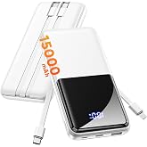 CFIAI Portable Charger 15000mAh Slim Power Bank with Built in Cables | 22.5W Fast Charge, Travel Essential, 50% Larger Capacity USB C Battery Pack for iPhone Samsung Google Android, White