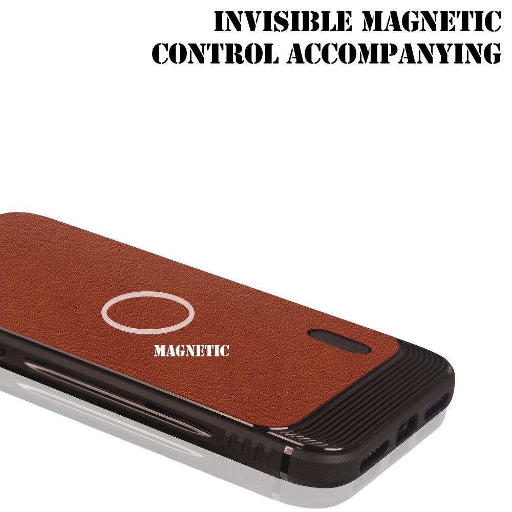 iPhone X case, MagicSky Ultra Slim Premium PU Leather Shock-absorbing Protective Bumper Case Cover with Built-in Nickel Metal Plate work with Universal Magnetic Phone Car Mount Holder - Brown