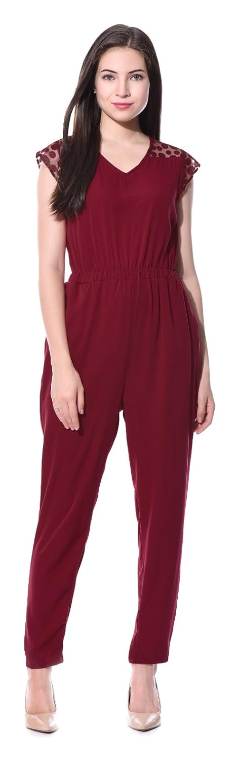 uptownie lite women's crepe polka jumpsuit (maroon)