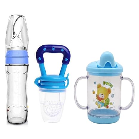 Manan Shopee Baby Cerelac Rice Paste Food Feeder with Baby Fruit Nibbler & Spout Sipper (Combo) (Blue)