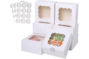 PFAMKEER 36 pcs 6x6x3 Inches Small Cake Box with Window, Bakery Pastry Cookie Boxes, Mini Pie for Pastry,Dessert,Strawberries,Chocolates, Cupcakes with paper stickers (white)