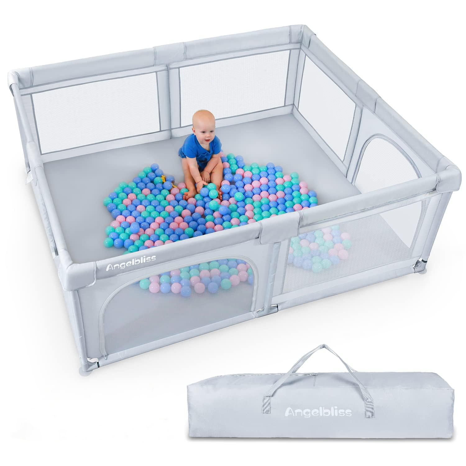 ANGELBLISS Baby Playpen, Extra Large Playard, Indoor & Outdoor Kids Activity Center with Anti-Slip Base, Sturdy Safety Play Yard with Breathable Mesh, Kid's Fence for Infants Toddlers(Grey,71”x59”)