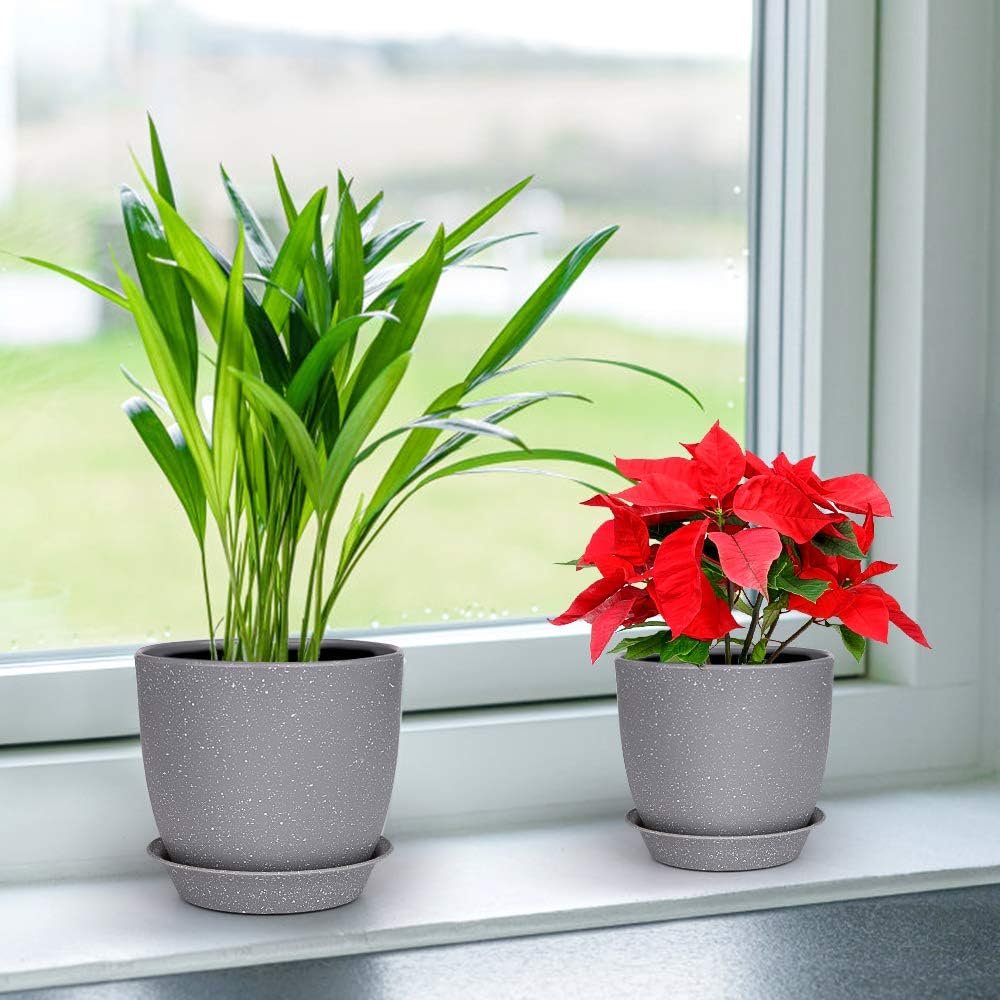 Plastic Planter, HOMENOTE 7/6/5.5/4.8/4.5 Inch Flower Pot Indoor Modern Decorative Plant Pots with Drain Hole and Saucer for All House Plants, Succulents, Flowers, Speckled Gray: Kitchen & Dining