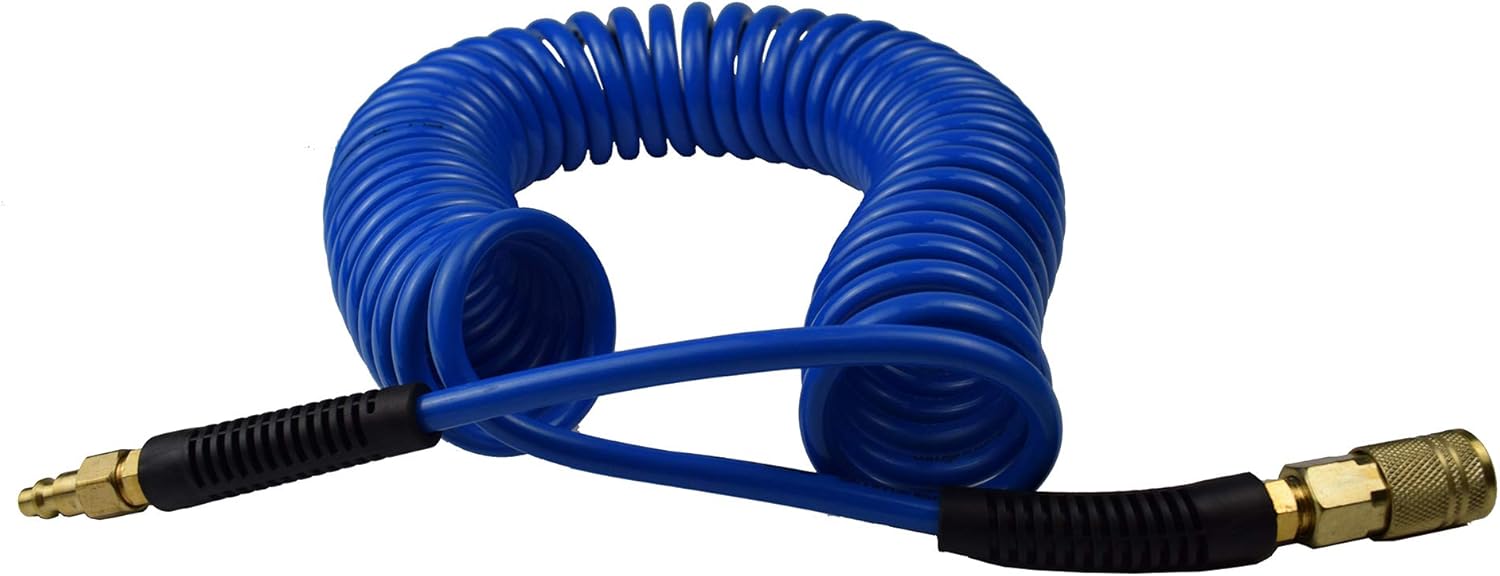 YOTOO Polyurethane Recoil Air Hose 1/4" Inner Diameter by 25' Long with Bend Restrictor, 1/4" Industrial Quick Coupler and Plug, Blue - - 