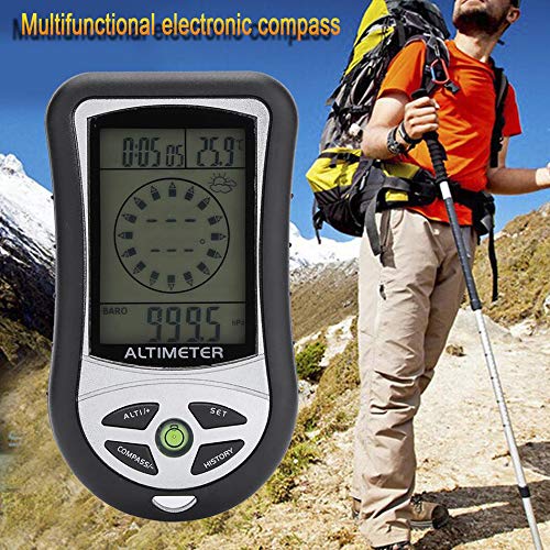 Multi-function 8 in 1 Electronic Handheld Compass Altimeter Barometer Thermometer Weather Forecast Time Calendar Digital Altimeter LED Back-light Forecast Thermometer for Camping Hiking Climbing