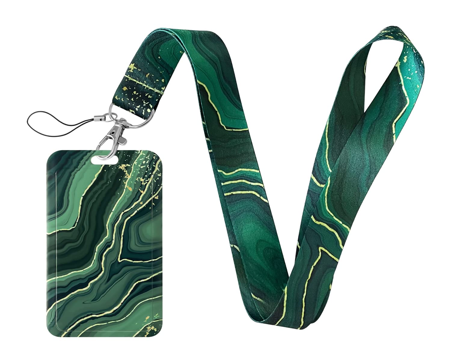 Geiomoo Lanyard with Clip Clasp and Badge Holder, Neck Strap with ID Hard Card Case (Green Marble)