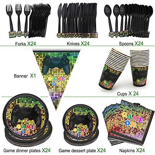 Video Game Party Supplies, Angela&Alex 169 Pieces 24 Guests Gaming of Themed Party Birthday Banner Round Plates Cups Napkins Dessert Plate Forks Knives Spoons Game On Supplies Decor