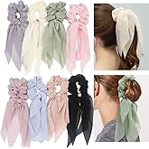 DINPREY Scarf Hair Ties for Women Girls, 8 Pcs Double Layer Bow Scrunchies for Hair Cute Bunny Ear Bow Scrunchies with Assorted Colors