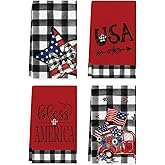 Artoid Mode Buffalo Plaid USA Stars Patriotic 4th of July Kitchen Towels Dish Towels, 18x26 Inch Memorial Day Decoration Hand Towels Set of 4