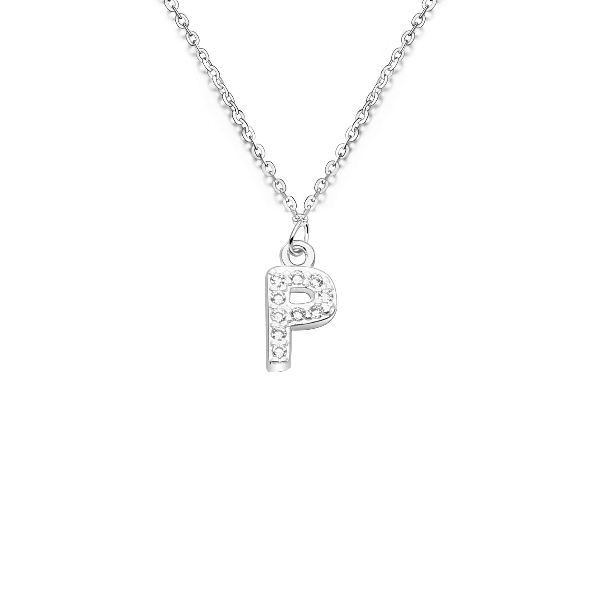 bifriend S925 Silver 26 Initial English Letter Crystal Chain Necklace For Women Girl Best Gift (P)