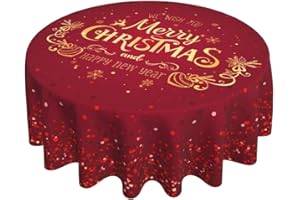 Sweetshow Round Christmas Tablecloth 60 Inch Gold Happy New Years Snowflake Decorative Red Round Table Cloth with Dust-Proof Wrinkle Resistant for Home Kitchen Dining Room Patio Outdoor Picnic Party