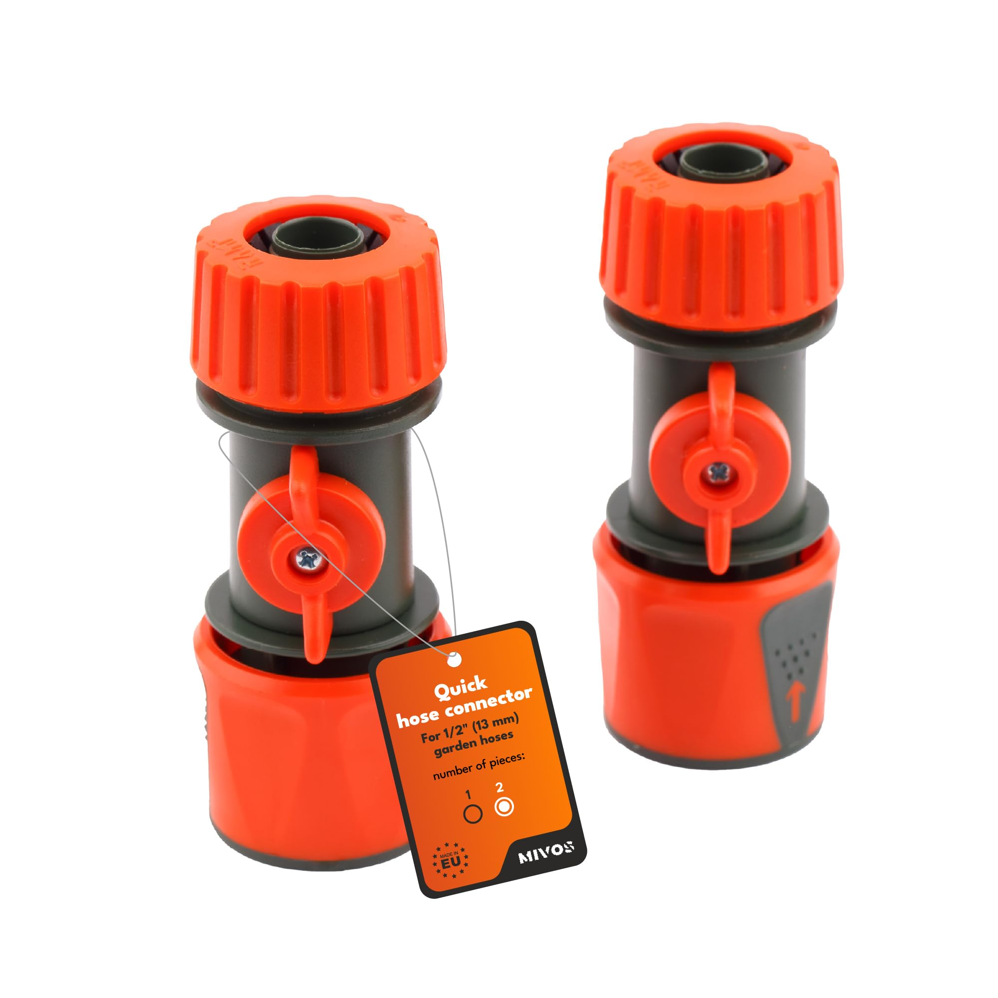 Mivos 2 x Garden Hose Quick Connector with Shut-off Valve - Hose Coupling with Regulating Valve Water Stop for 1/2 Inch (13 mm) Hose - Connection Parts for Hose Start and End