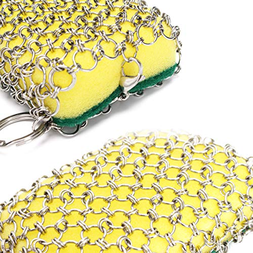 NKTM Stainless Steel Cast Iron Cleaner Chainmail Scrubber with 3pcs Sponges for Cast Iron Pan Skillet Dutch Ovens Waffle Iron Pans Scraper Cast Iron Grill Scraper