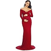 ZIUMUDY Maternity Off Shoulder Photo Shoot Photography Dress Solid Color Baby Shower Dress