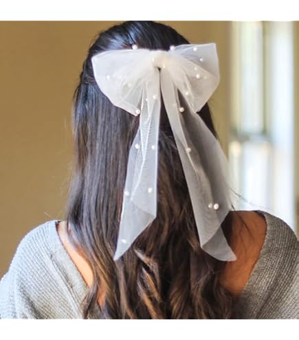 Bride Hair Bow Clips for Women Beaded Bride Hair Clips Statement White Silky Silk bridal hair bow, ivory - Finished silk bridal bow  main image 3