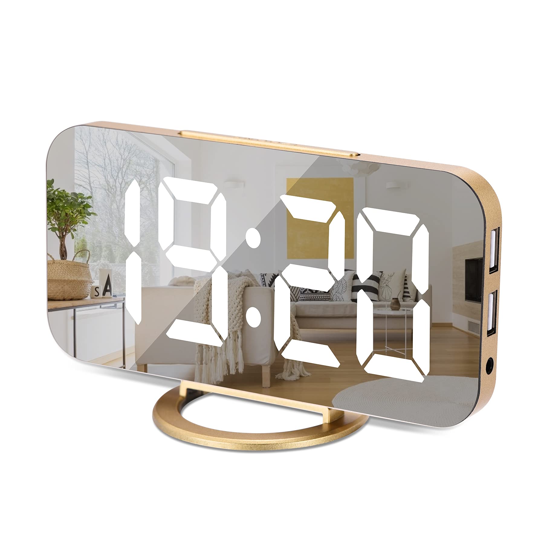 SZELAM Digital Clock Large Display, LED Electric Alarm Clock Mirror Surface for Makeup with Diming Mode, 3 Levels Brightness, Dual USB Ports Modern Decoration for Home Bedroom Decor