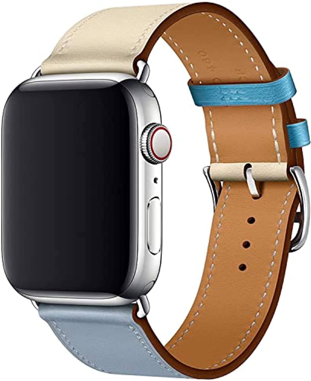 Fleshy Leaf Compatible with Apple Watch Band Series SE 7 6 5 4 3 2 1 45mm 41mm 44mm 40mm 42mm 38mm, Genuine Leather Replacement Band for iWatch (42mm/44mm/45mm, Blue whtie)