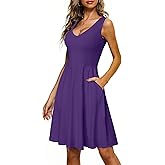 HUHOT Womens Sleeveless V Neck Dress with Pocket Summer Beach Midi Flared Tank Dress