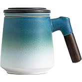 ZENS Tea Cup with Infuser and Lid, 12oz Gradient Blue Tea Mug for Loose Leaf Tea Steeper, Wood Handle Cup with Fine Mesh Tea Strainers Diffusers Accessories for Tea Lovers Gifts
