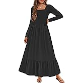 YOVION Girls Maxi Dress Fall Long Sleeve Square Neck Tiered Flowy Casual Holiday Dresses with Pockets for 6-12 Y