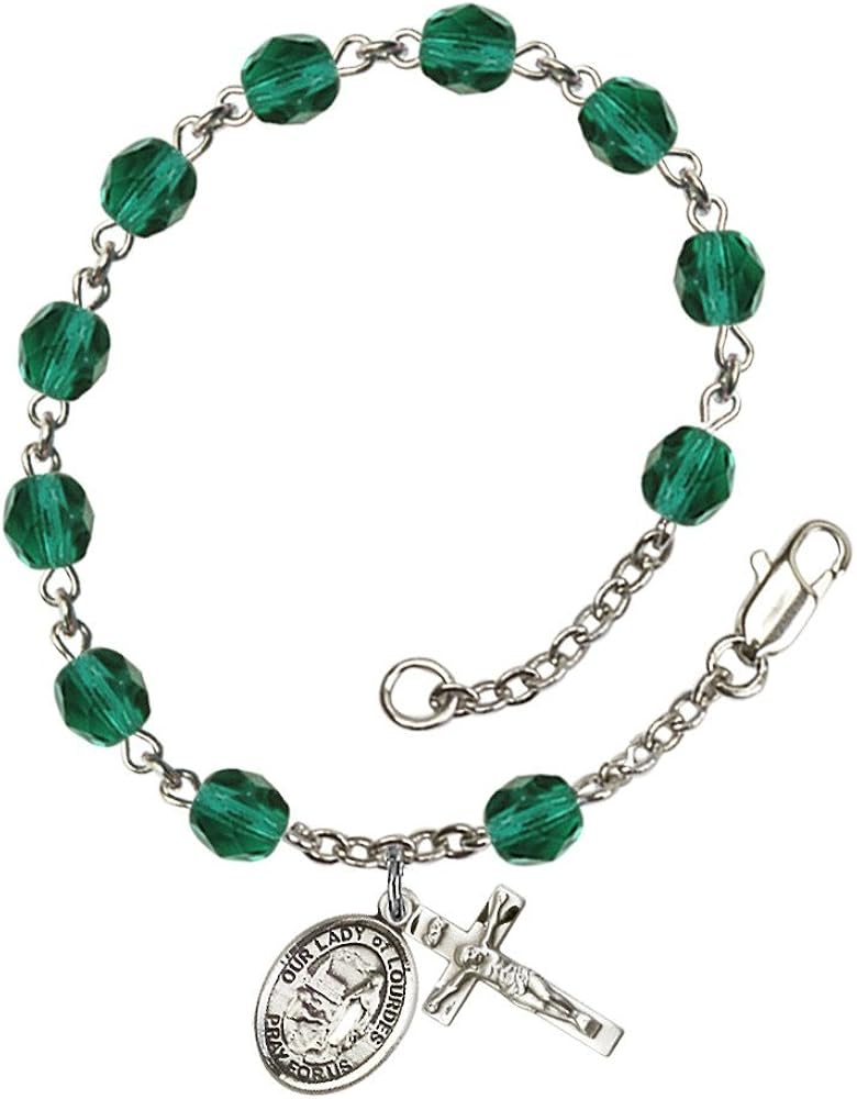 Bonyak Jewelry Our Lady of Lourdes Silver Plate Rosary Bracelet 6mm Fire Polished Beads Every Birth Month Color