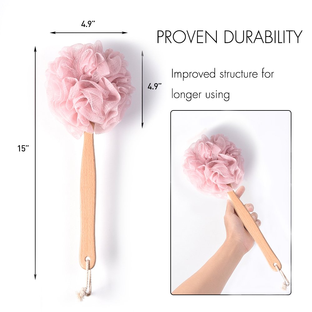 Bath Sponge & Brush Long Handled Loofah Back Scrubber Shower & Bath Exfoliating Pouf Scrubber on a Stick Body Back Brush with a Wood Handle Loofah Mesh for Men & Women By Krramel (PINK)