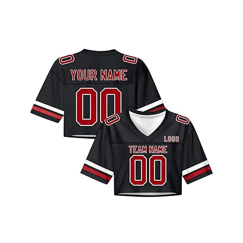 Football Jersey Crop Topsfor Women, Custom Football Jersey Shirts for Women, Y2k Crop Tops Number Name Mesh Streetwear Sportswear V-Neck Short Sleeve Tees S~4XL (Black)