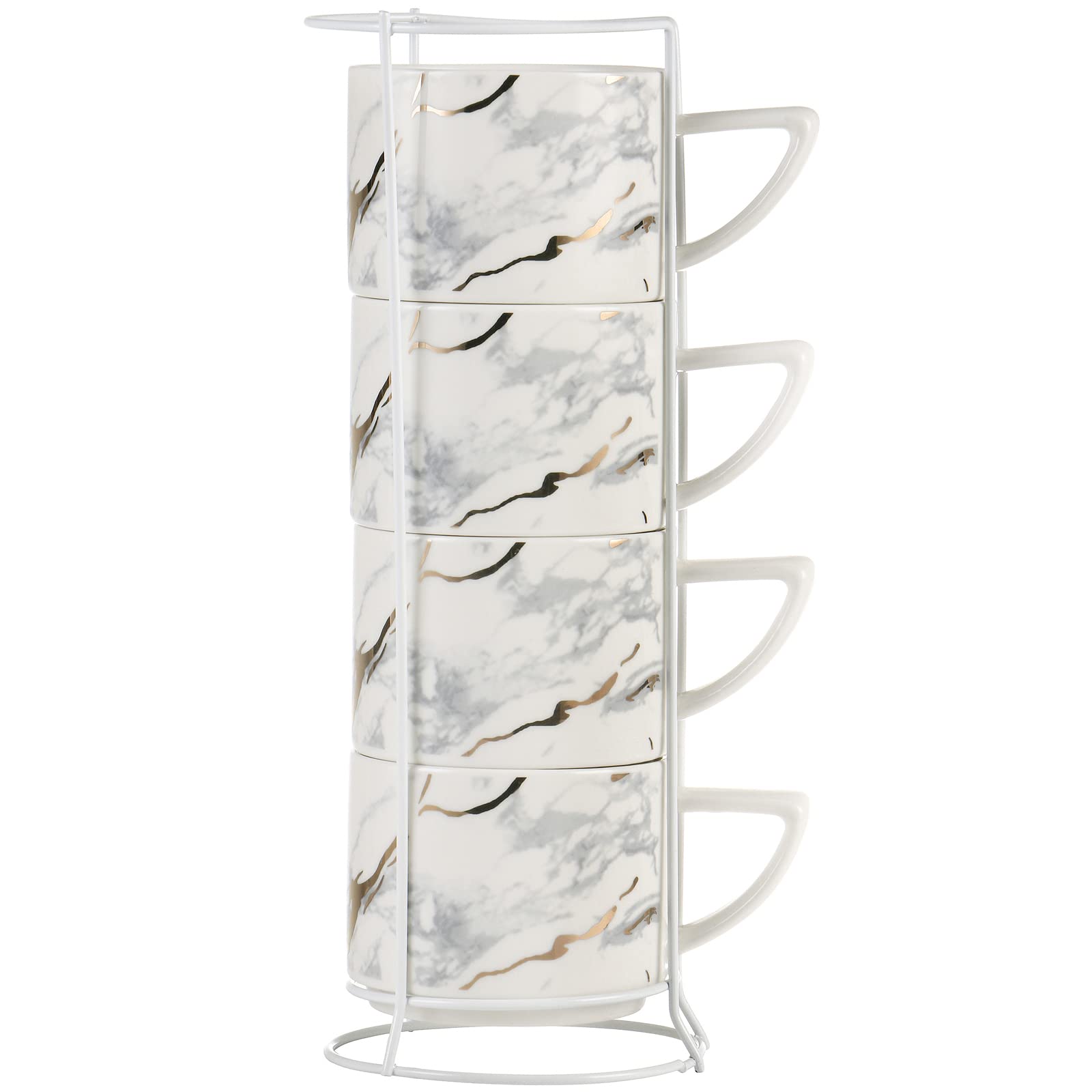 All-Pie Cappuccino Cups Set Tea Mugs 210ML Stackable Set of 4 Ceramics Coffee Cup with Cups Stand (White)