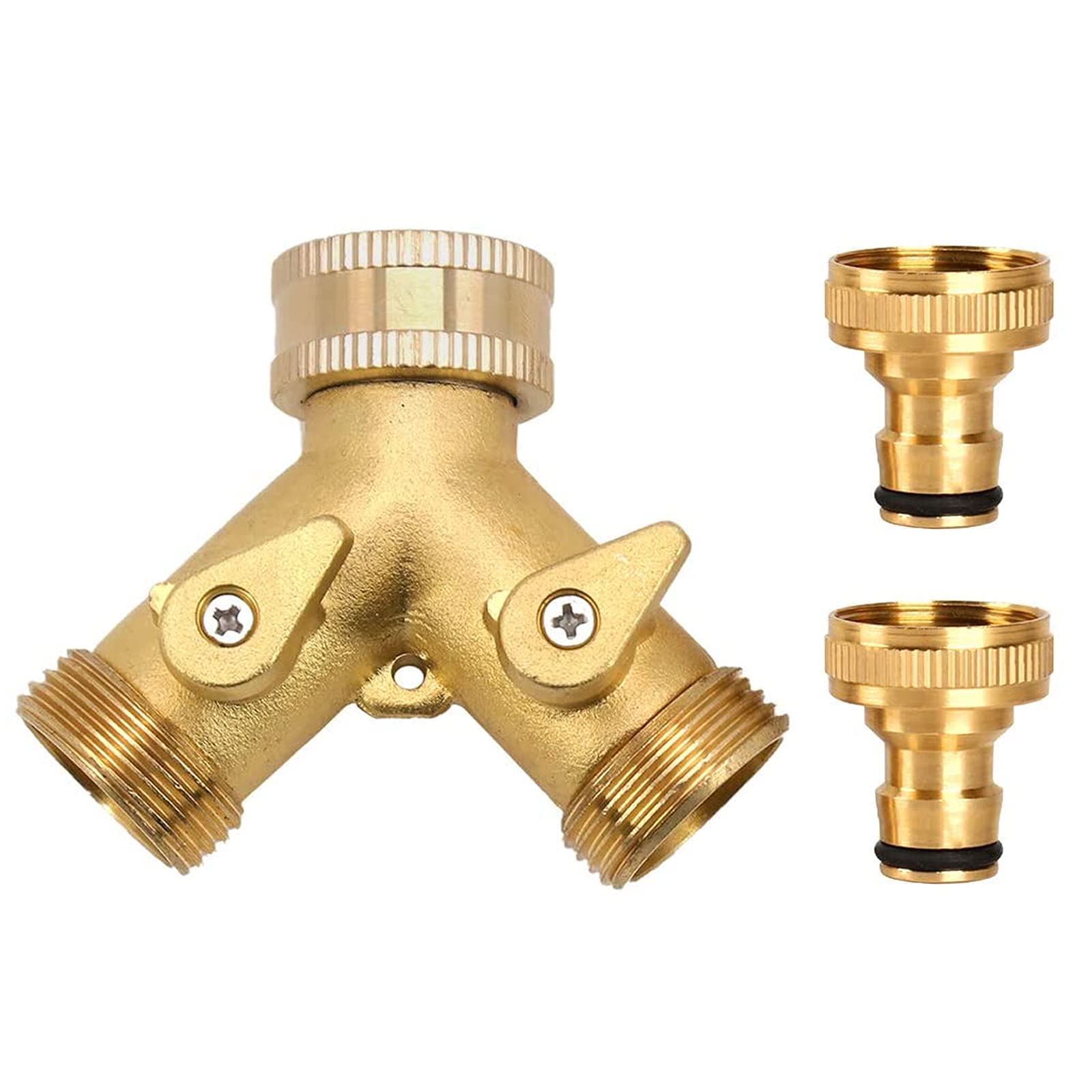 MAINOSHY Garden Hose Splitter, 3/4 Inch 2 Way Brass Tap Y Valve Hose Connector with Individual On/off and 2PCS 3/4 Inch Quick Connector for Home Kitchen Garden Watering