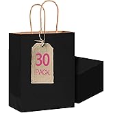 Bakepacker 30-Pack Medium Size Gift Paper Bags with Handles Bulk 10.6"x8.3"x4.3" Black Party Kraft Shopping Bags