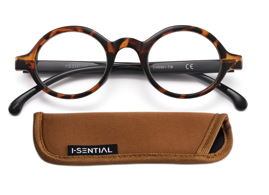 I-Sential Designer Style Round Reading Glasses Tortoise Brown Demi Front and Black Temples Mens Womens Unisex Retro Classic & Case +1.00