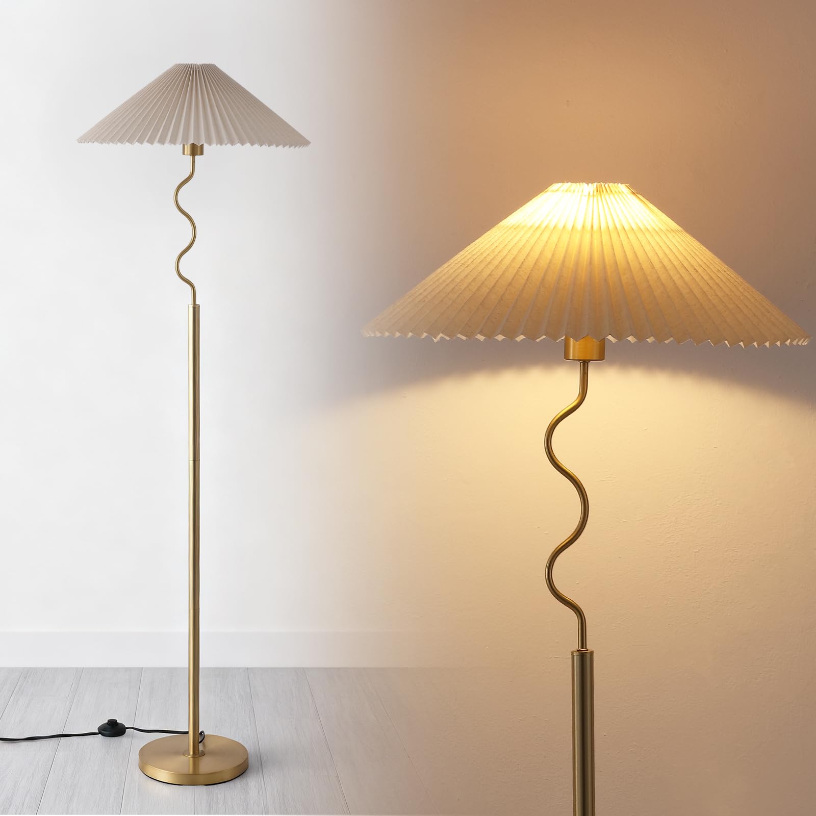 Photo 1 of YJSQOEOE Modern Floor Lamp with 3 Color Temperatures, Foot Switch Standing Lamps for Living Room,Tall LED Standing Lamps for Living Room, Bedroom, Office, Beige Pleated Shade, 9W Bulb Included, Gold
