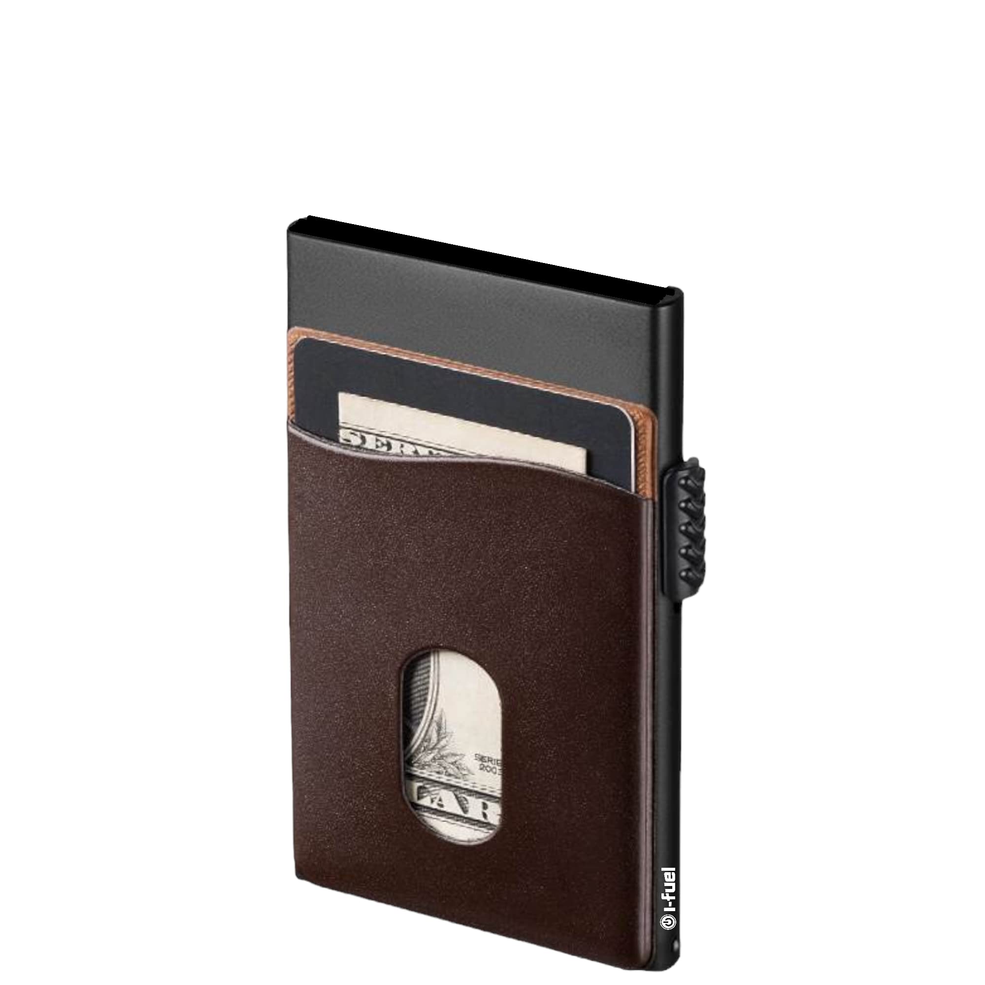 i-Fuel Credit Card Holder RFID Blocking Slim Metal Pop Up Card Holder with Front Leather Pocket Wallet for Men Holds 5 Cards 2 Colour Options - Dark Brown