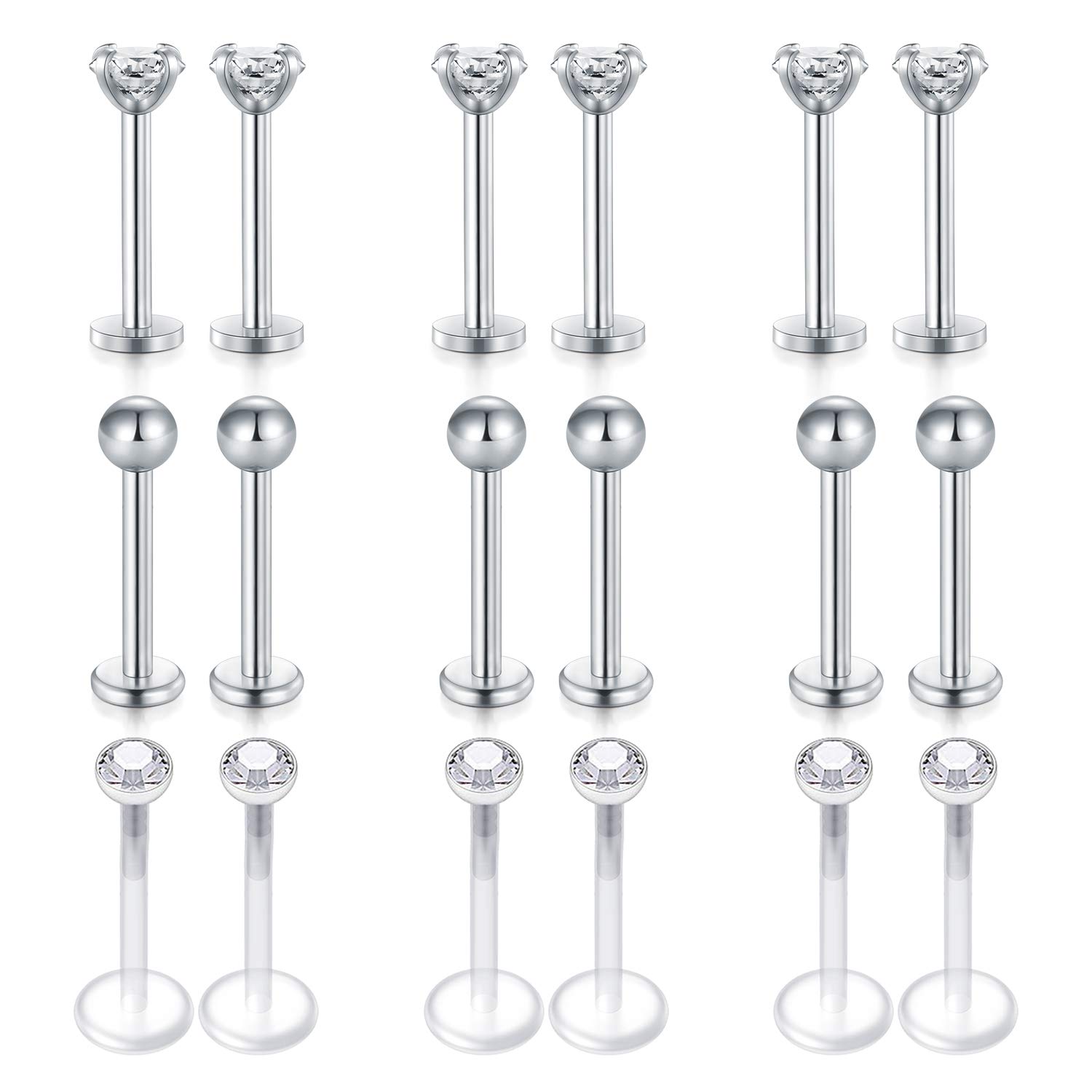 Rajnard 18Pcs Lip Bars Labret Studs Tragus Helix Earrings Studs 16G 10mm Stainless Steel Silver& Flexible Acrylic with CZ Monroe Medusa Piercing Jewellery for Women Men