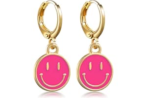 FROZIO Preppy Earrings for Women Smile Face Heart Charms Pendants Gold Small Huggie Hoop Dangle Drop Earrings Trendy Y2K Jewelry Gifts
