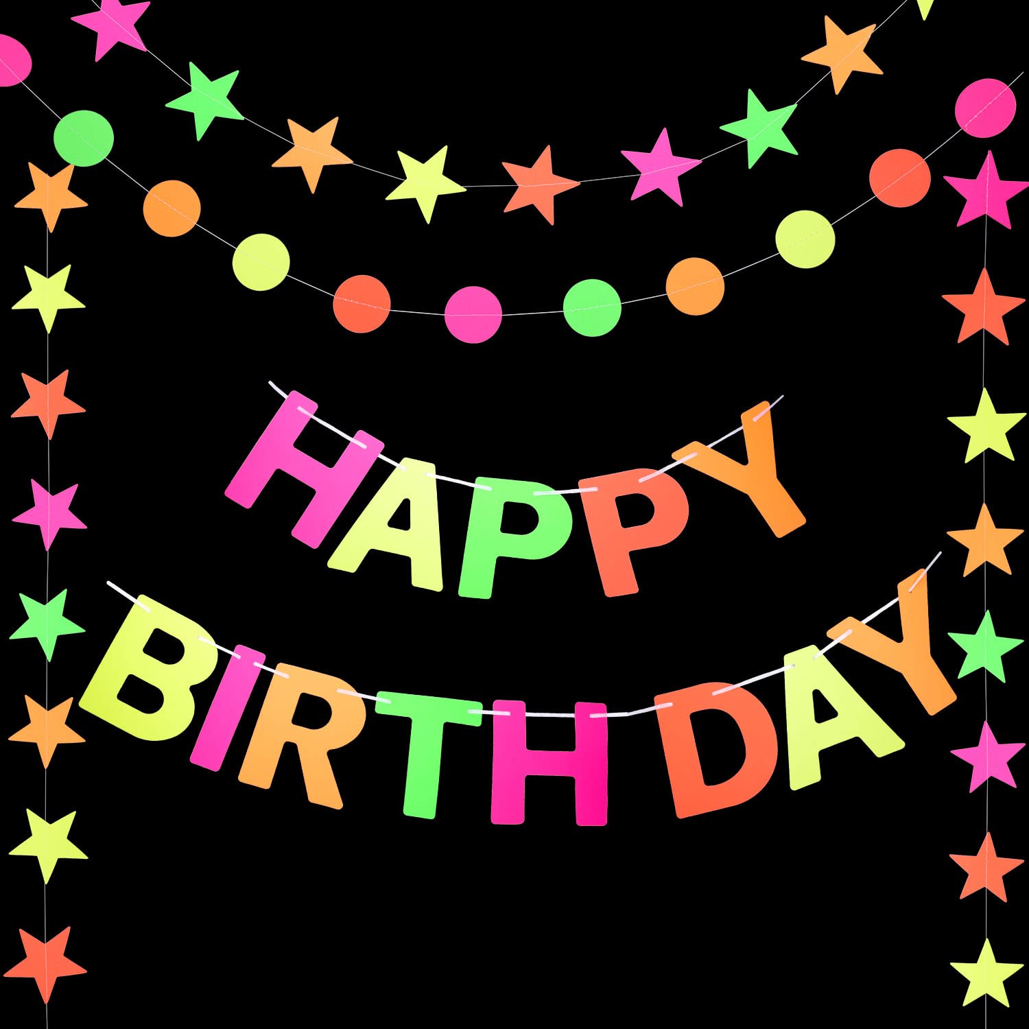 Fvomye Neon Birthday Glow Party Supplies Neon Party Supplies Neon Birthday Banner with Black Light Circle Dots Banner with Neon Star Paper Garlands for Birthday and Glow Party