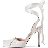 Vertundy Women's Satin Ballet Heels Lace Up Square Toe Stiletto High Bow Ballerina Heels