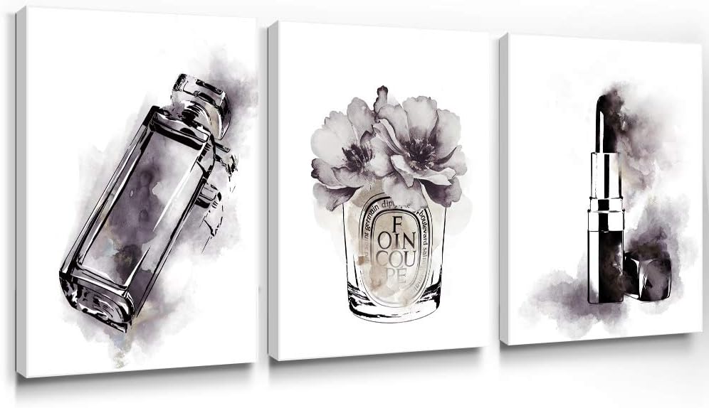 Gronda Modern Wall Art Fashion Canvas Paintings Black and White Prints French Perfume Lipstick Pictures Vogue Home Decor for Bedroom Living Room Bathroom 12x16 inch, 3 Panels