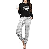 GAESHOW Pajama Sets for Women 2 Piece Cotton Long Sleeve Pajamas Set Cute Print Top and Plaid Pants Soft Sleepwear Pjs