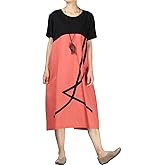 Minibee Women's Linen Casual Dress Summer Short Sleeve Midi A-line Boho Tunic Dresses with Pockets