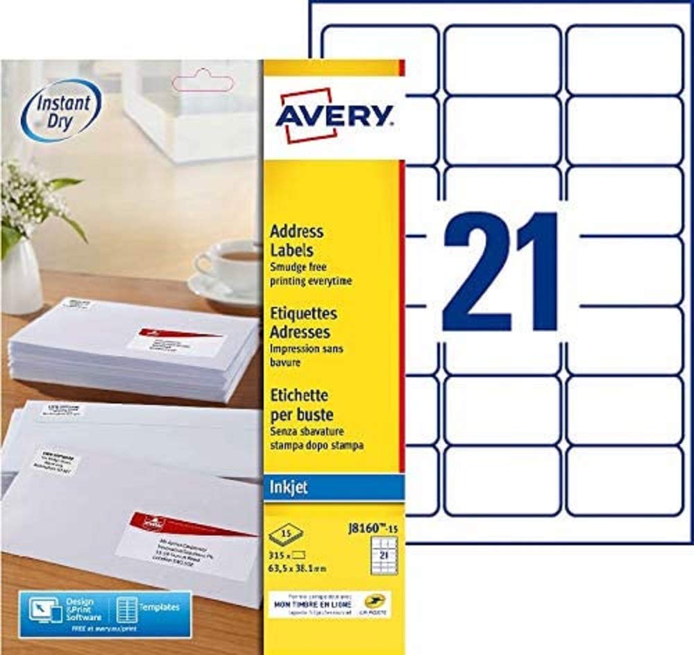 AVERY - 315 Custom White Self-Adhesive Address Labels - Size 63.5 x 38.1 mm - Inkjet Printing