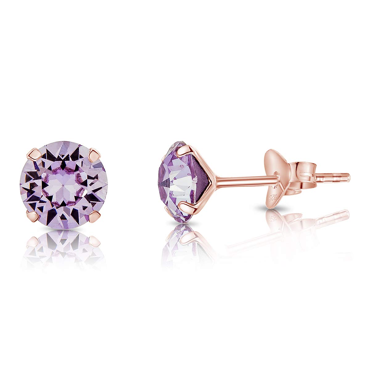 DTPSilver - 925 Sterling Silver Rose Gold Plated Round Stud Earrings made with Glittering Crystals from Swarovski® Elements - Diameter: 6 mm - Colour : Violet