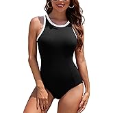 SHEKINI Women's Zipper Back Bathing Suit Ribbed Racerback High Neck One Piece Swimsuits