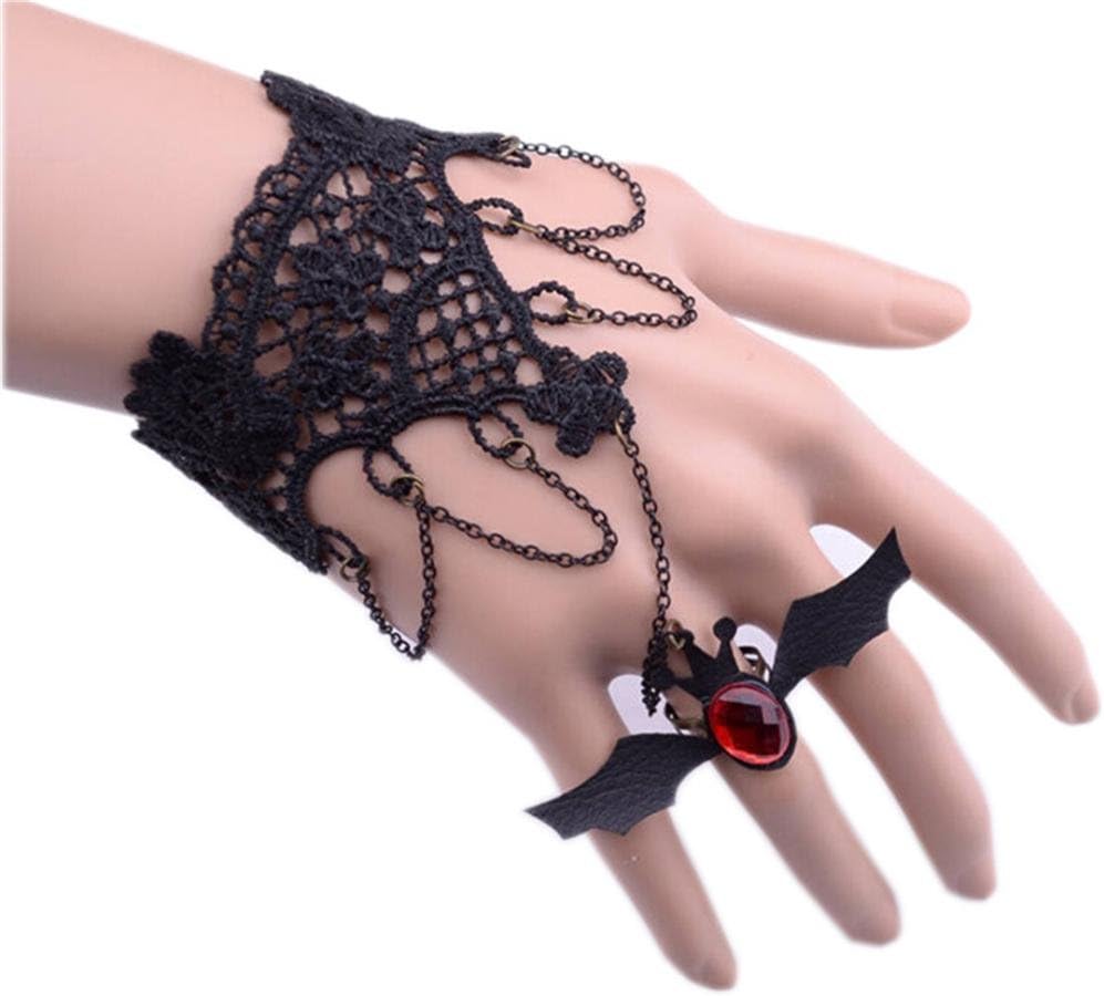 LUNA Womens Ladies Vampire Gothic Black Lace Bracelets Bangles Bat Wing Ring For Party