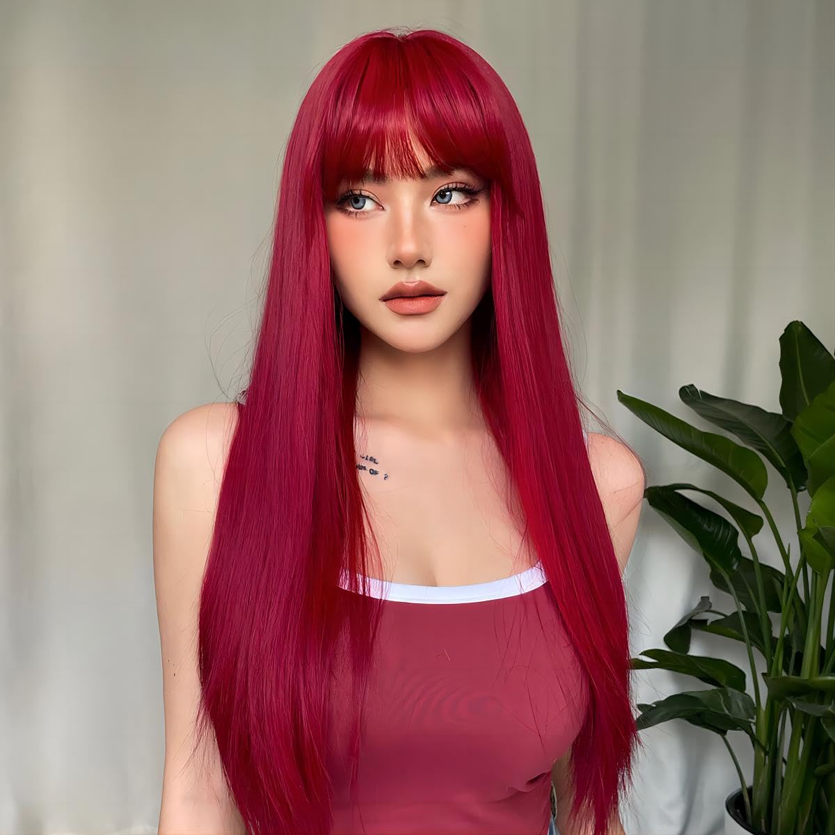 PORSMEER 32 Inch/80cm Long Red Wigs for Women, Layered Straight Synthetic Heat Resistant Hair Wig with Fringe for Ladies Cosplay Party Halloween Costume Anime — image 1