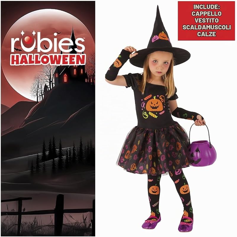 Rubies Costume Strega Candy per bambina, Vestito stampato, maniche, calze e capello, Ufficiale, Stregas, Witches, Caramelle per Halloween, Feste e Cosplay — foto 2 di 7