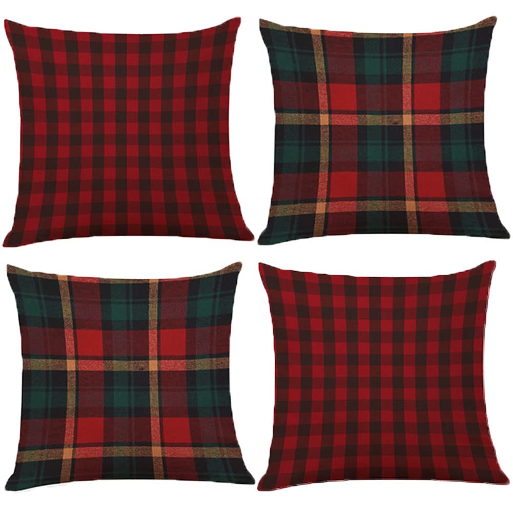 BCKAKQA Throw Pillow Case 18 x 18 inch Red Green Black Checked Cushion Covers 45cm x 45cm Set of 4 Soft Polyester Square Throw Pillow Covers for Living Room Sofa Couch Home Decor