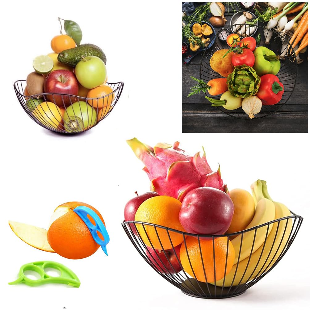 HK Online Large Wave Fruits Basket 26cm & Peeler, Black Wave Fruit Bowl, Decorative Tablepiece - Keep Unwanted Pets Out, Wire Fruit Bowl (Black Wave)